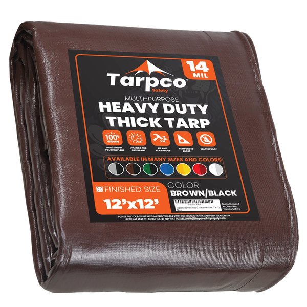 Tarpco Safety 12 ft L x 0.5 mm H x 12 ft W Heavy Duty 14 Mil Tarp, Brown/Black, Polyethylene TS-102-12X12
